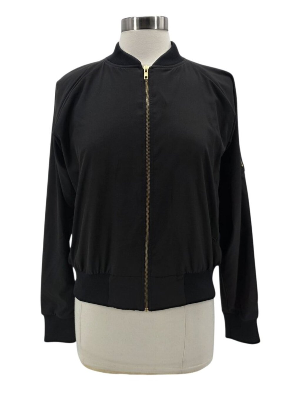 Albion Womens Medium Jacket Black Bomber Gold Zipper Pockets Lined Bomber Jacket
